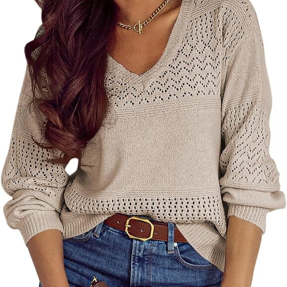 Women's Sweaters Casual Long Sleeve V Neck Lightweight Crochet Pullover Sweater - Picture 1 of 3